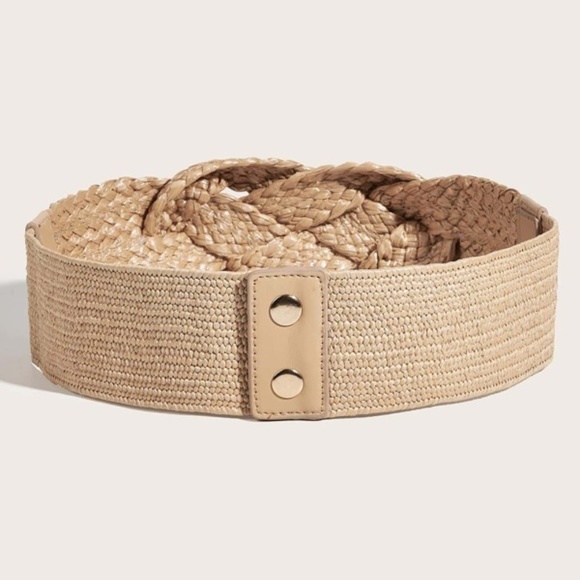 Boho Wide Braided Snap Button Straw Belt - Picture 3 of 5